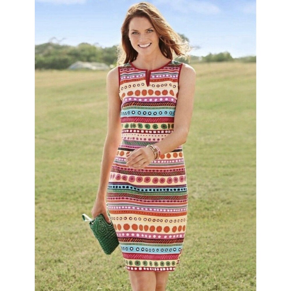 TALBOTS New Sleeveless Dress‎ Pink Multicolor Aztec Floral Geometric Size 16